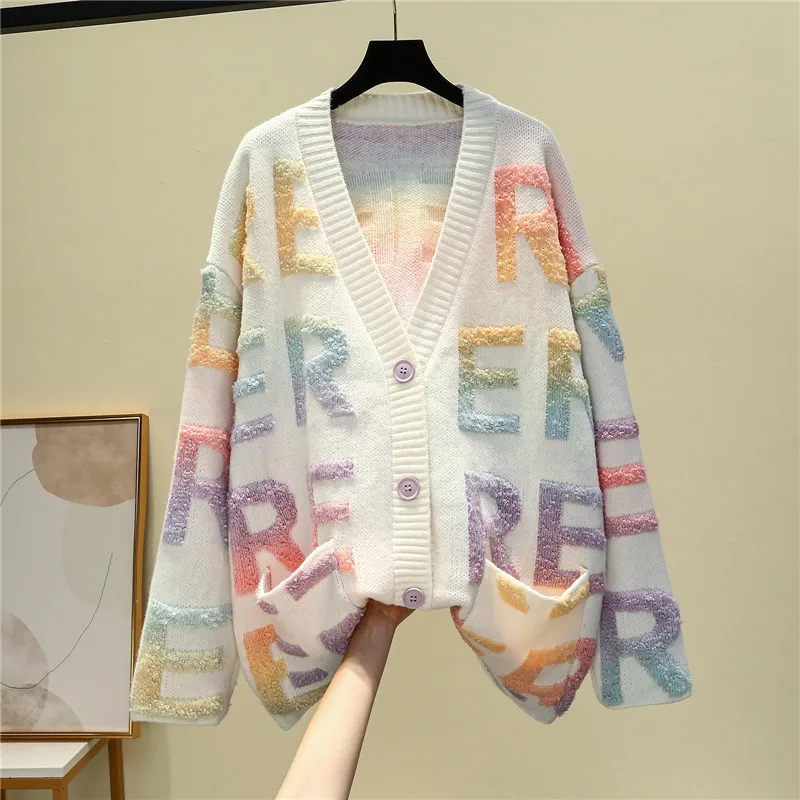 

2023 New French Slouchy Letter Sweater Coat Female Hot Wear Outside The Design Sense Of Niche Loose High-Grade Knit Cardigan 408