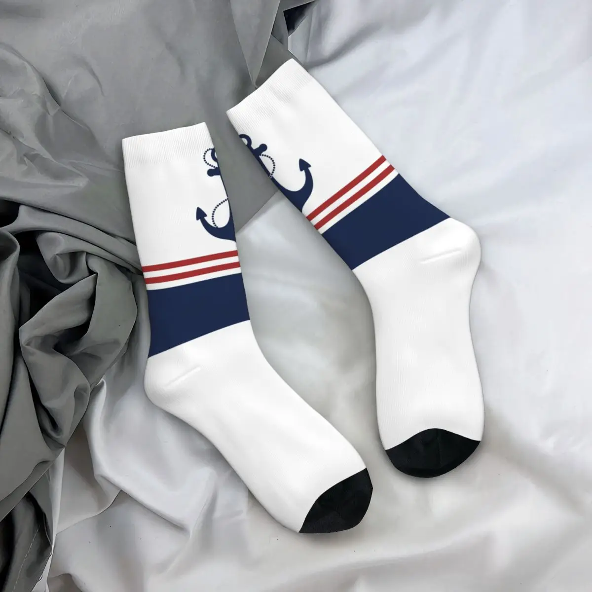 

Nautical Navy Blue Stripes Anchor Socks Men Women Funny Happy Navigation Socks Novelty Spring Summer Autumn Winter Socks Gift