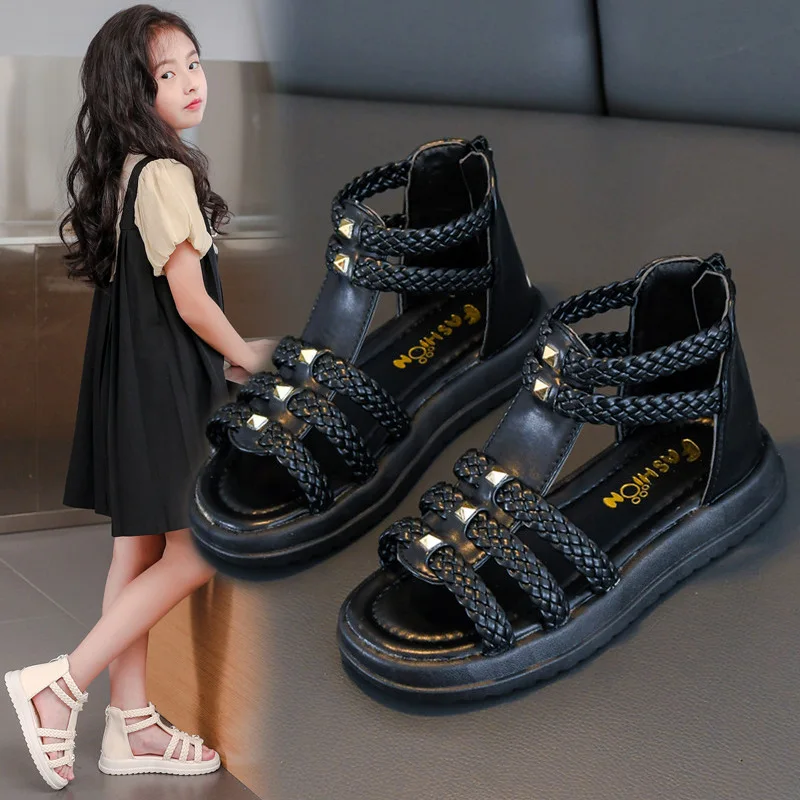 Girls Roman Sandals Open Toe Braided Solid Color High-top Simple