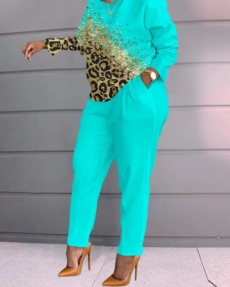 

2023 Spring Autumn New Casual Pocket Ladies Set O-Neck Long Sleeve Tops and Trousers Print Loose Tracksuit Women Two Piece Set
