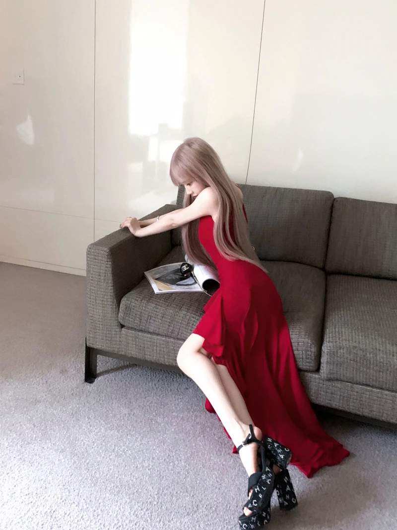 Y2K Red Irregular Womens Dresses Sexy Spaghetti Strap Sleeveless Ruffles Birthday Party Dress Summer Slim Casual Vestidos Mujer