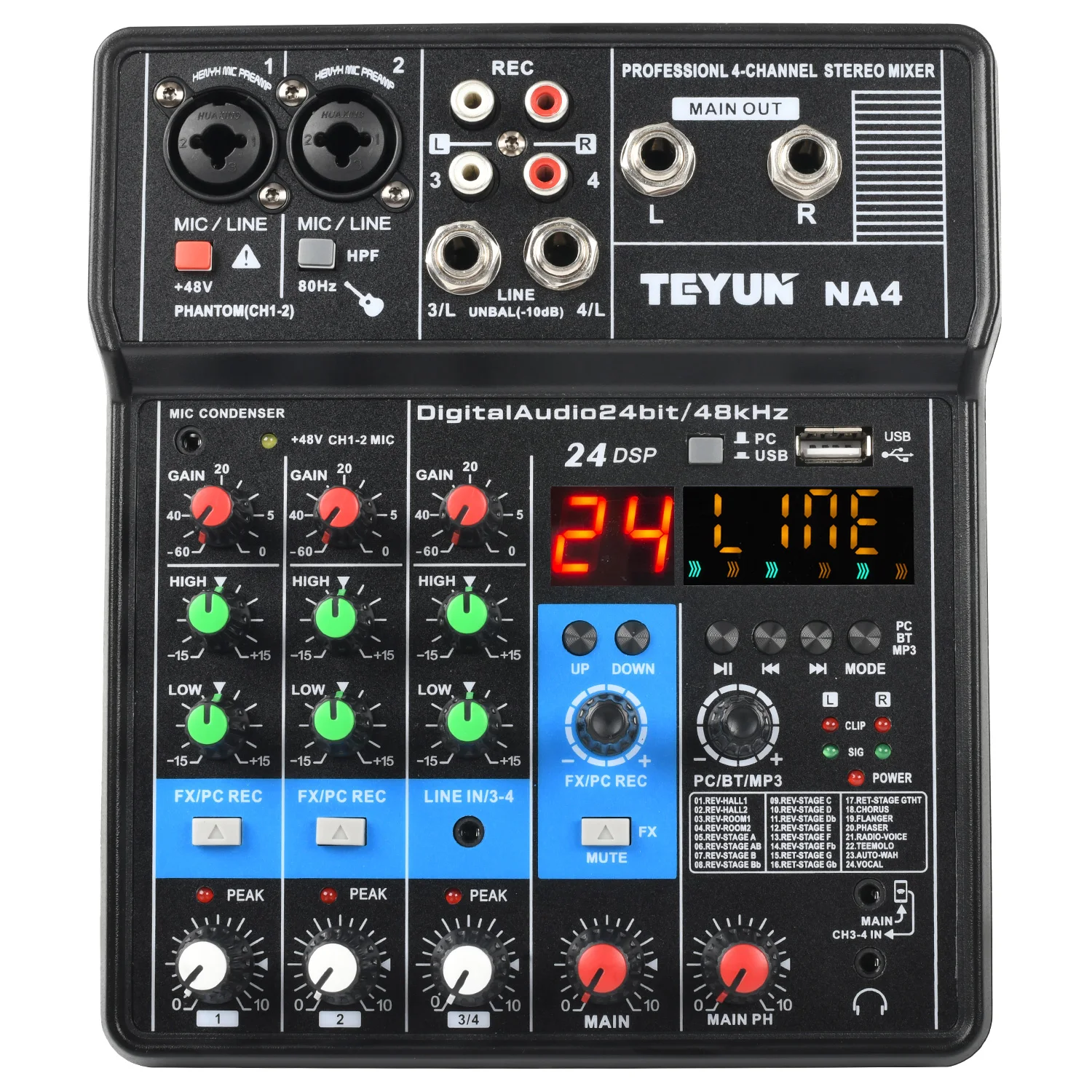 4 Channel Professional Sound Audio Mixer PC USB Play Record Playback Mini Mixing DJ Console for Podcast Karaoke TEYUN Table NA4