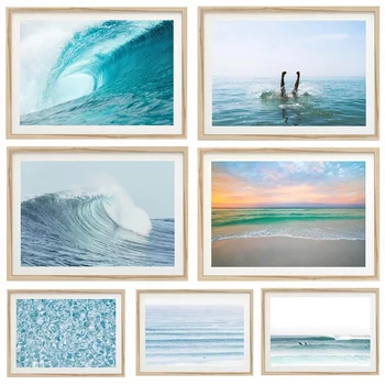 Modern Blue Ocean Waves Surf Poster Summer Seascape Coastal Beach 1