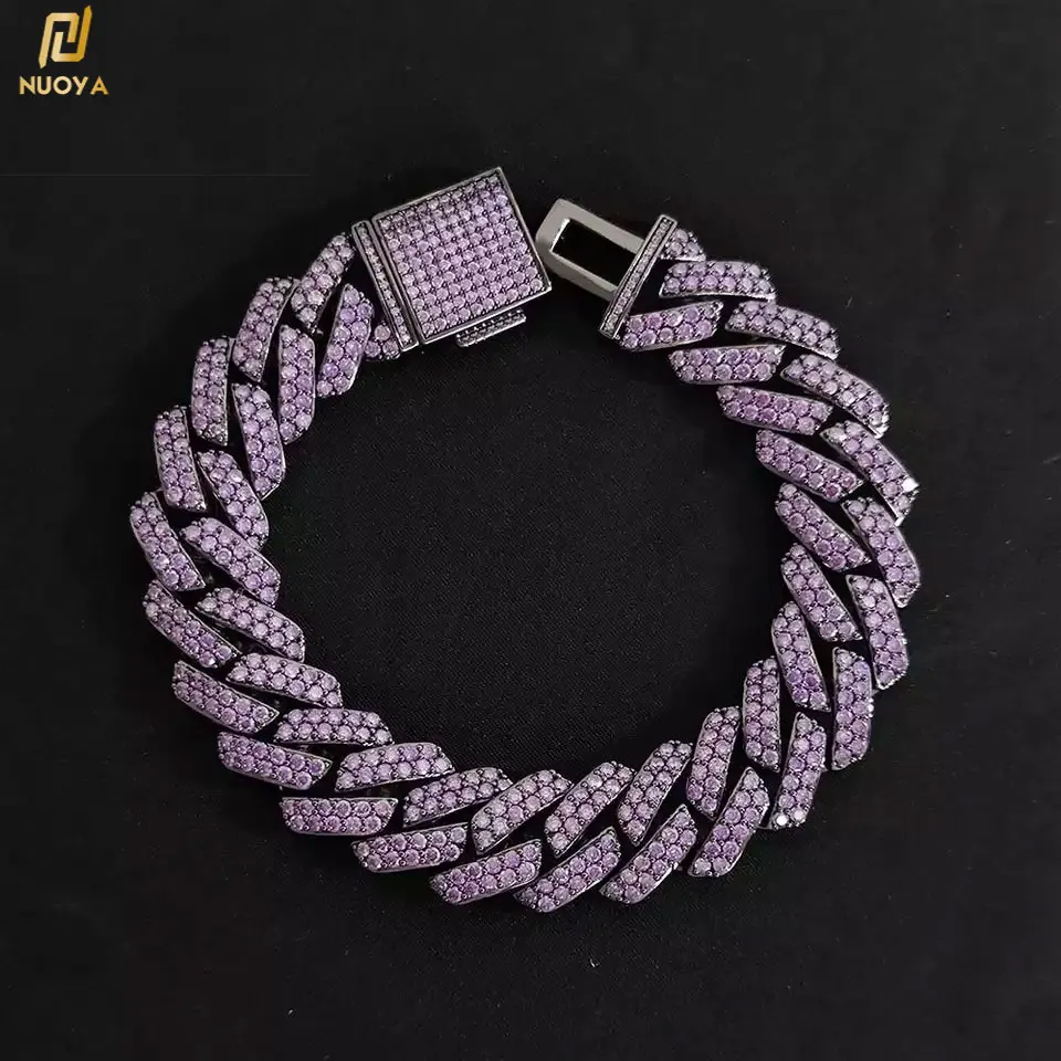 Hip Hop Jewelry 15mm Purple Diamond Cuban Link Bracelet Setting 5A Cubic Zirconia Prong Cuban Bracelet