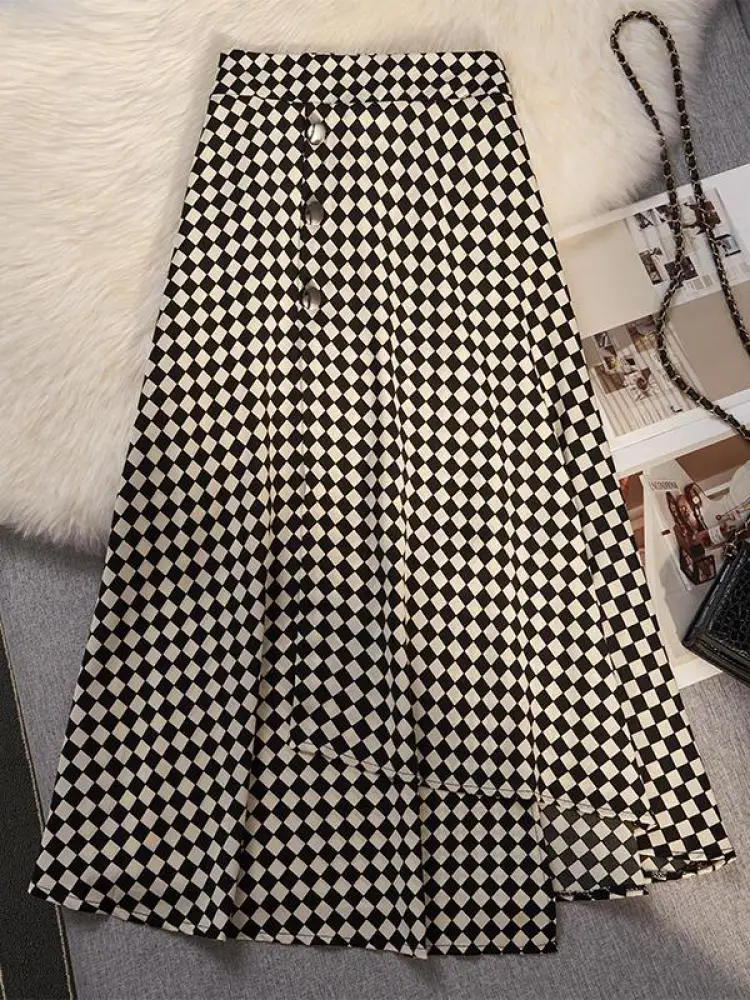 

Summer Women's Korean Pleated Plaid Skirts Women Vintage High Waist Long Skirts Ladies Office A-line Irregular Skirts Streetwear