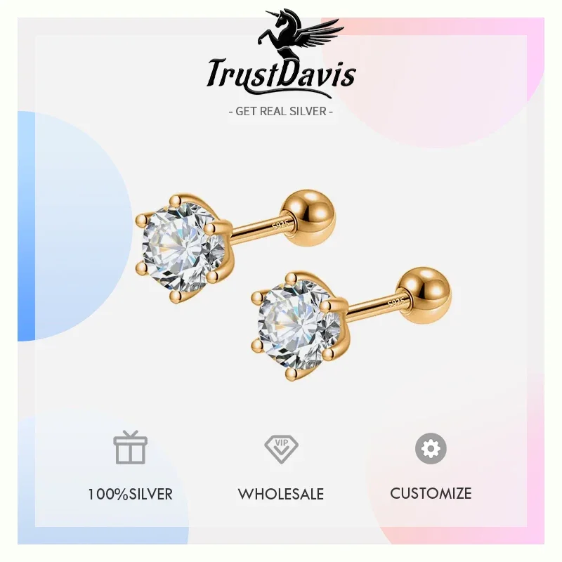 TrustDavis 925 Sterling Silver Six Claw 3/4/5mm CZ Screw Stud Earrings For Women Wedding Fine Jewelry DA2712