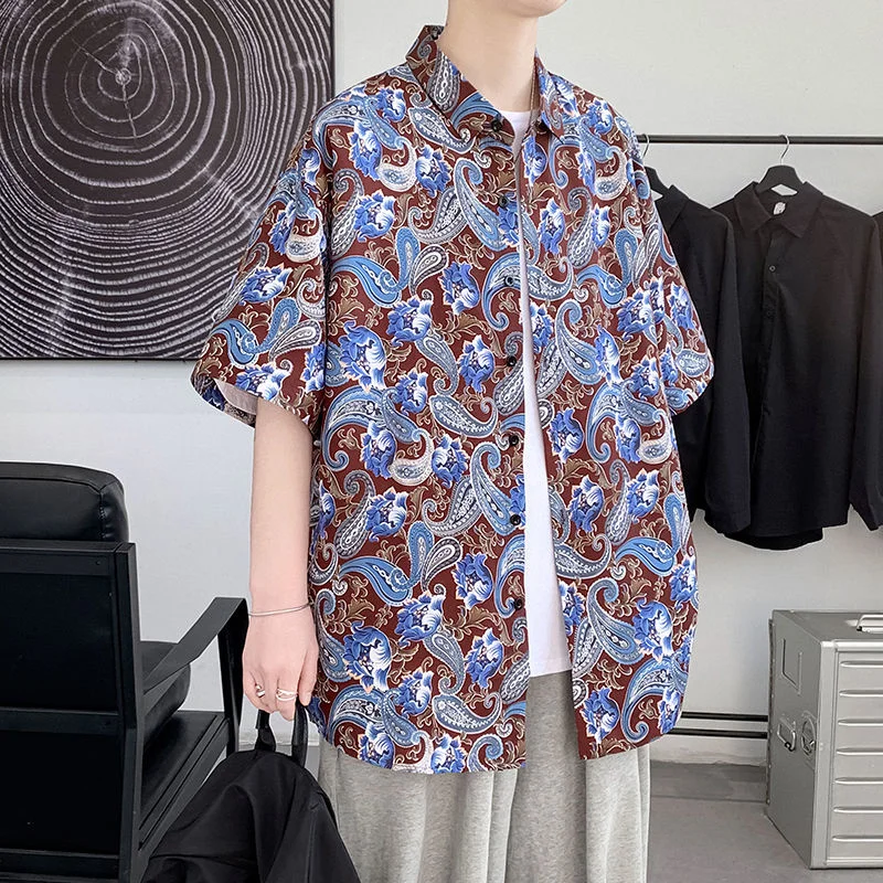 

Print Cashew Flower Shirt Men Thin Casual Loose All-match Short Sleeve Top Oversize Fashion Lapel Summer Outerwear Male Clothes