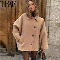 TRAF Woman Winter Coats Faux Wool Coats And Mixtures Oversized Long Coat Women Autumn Long Sleeve Solid Coats Casual Warm Parkas 1