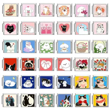 Cartoon Pet Charm Cute Teddy Cat Shiba Inu Italian Charm Links Fit 9mm Bracelet Stainless Steel Diy Jewelry Making Wholesale 1