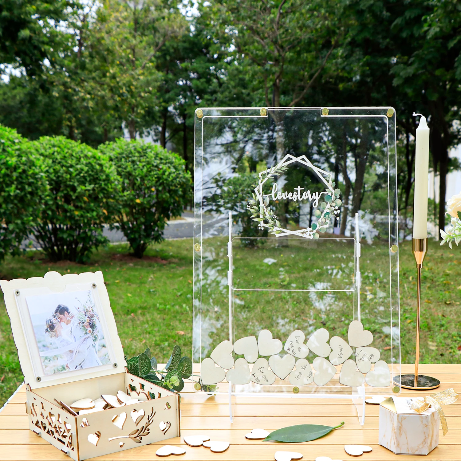 Acrylic wedding guestbook drop box with stand, 100 wooden hearts and markers, wedding signs for ceremony and reception