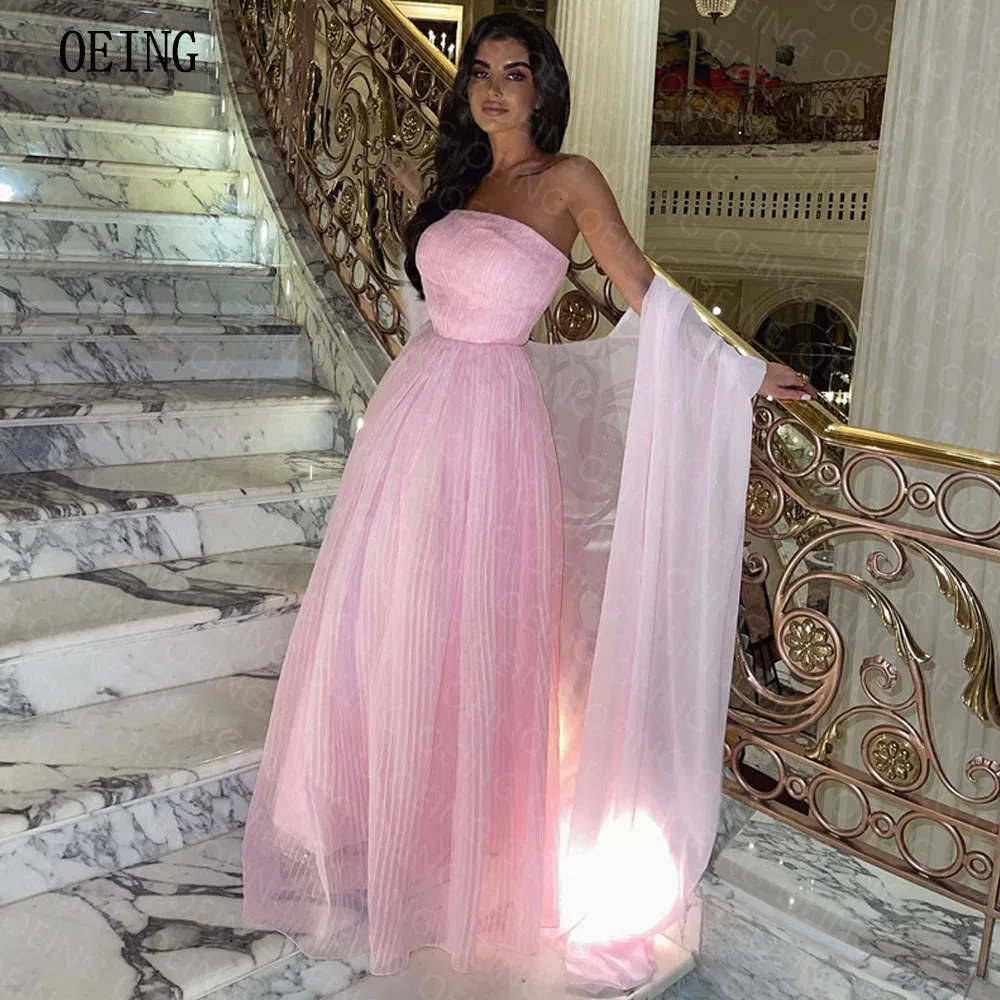 

OEING Pink A-line Strapless Classy Evening Party Gowns Floor Length With Coat Simple Robe De Soirée Zipper Back Saudi Arabic