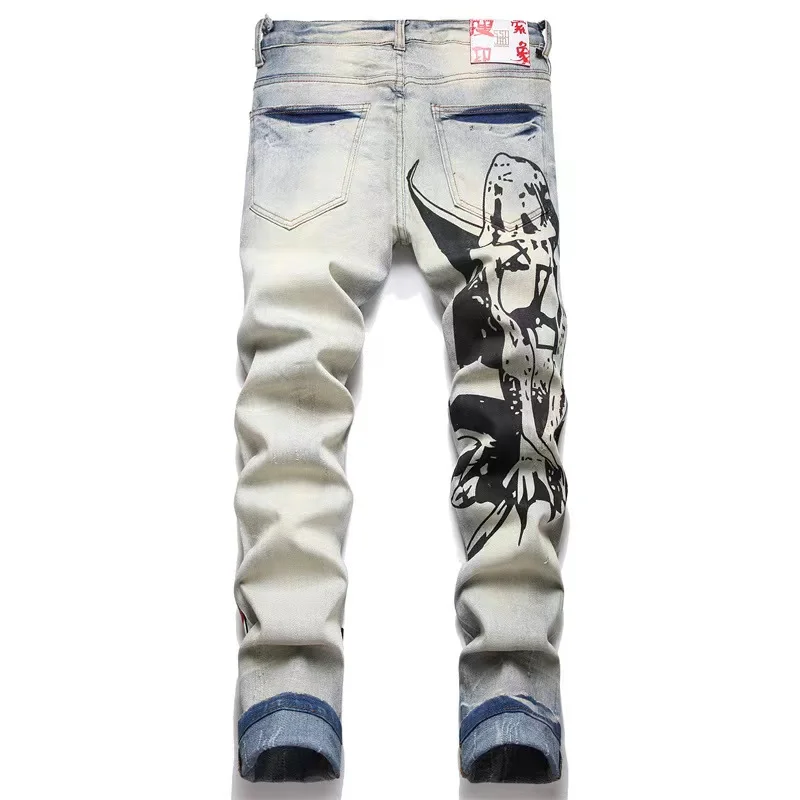 Summer Graffiti Jeans Men Embroidery Printing Gradient Color High Street Retro Luxury Pants Slim Fit and White Scrape Comfor2024