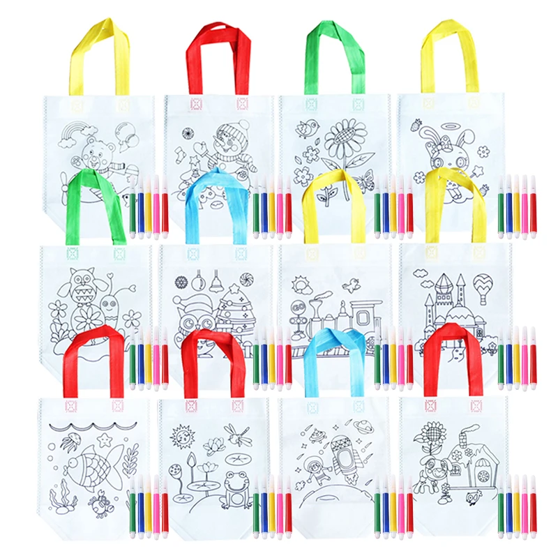 1PC DIY graffiti non-woven bag coloring marker carnival animal art party goodie bag for kids eco reusable mini shopping bag