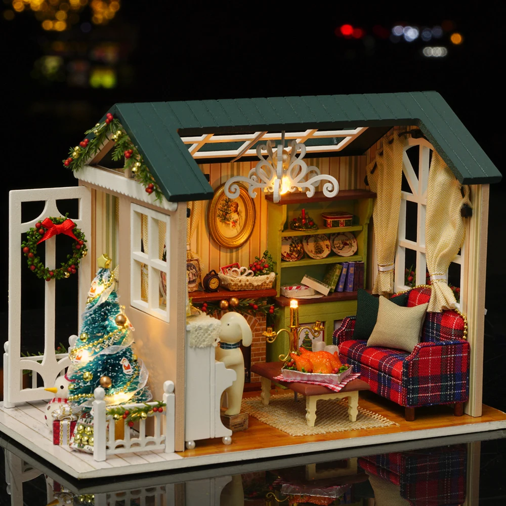 DIY Christmas Miniature Dollhouse Kit Realistic Mini 3D Wooden House Room Craft with Furniture LED Lights Children's Day Birthda