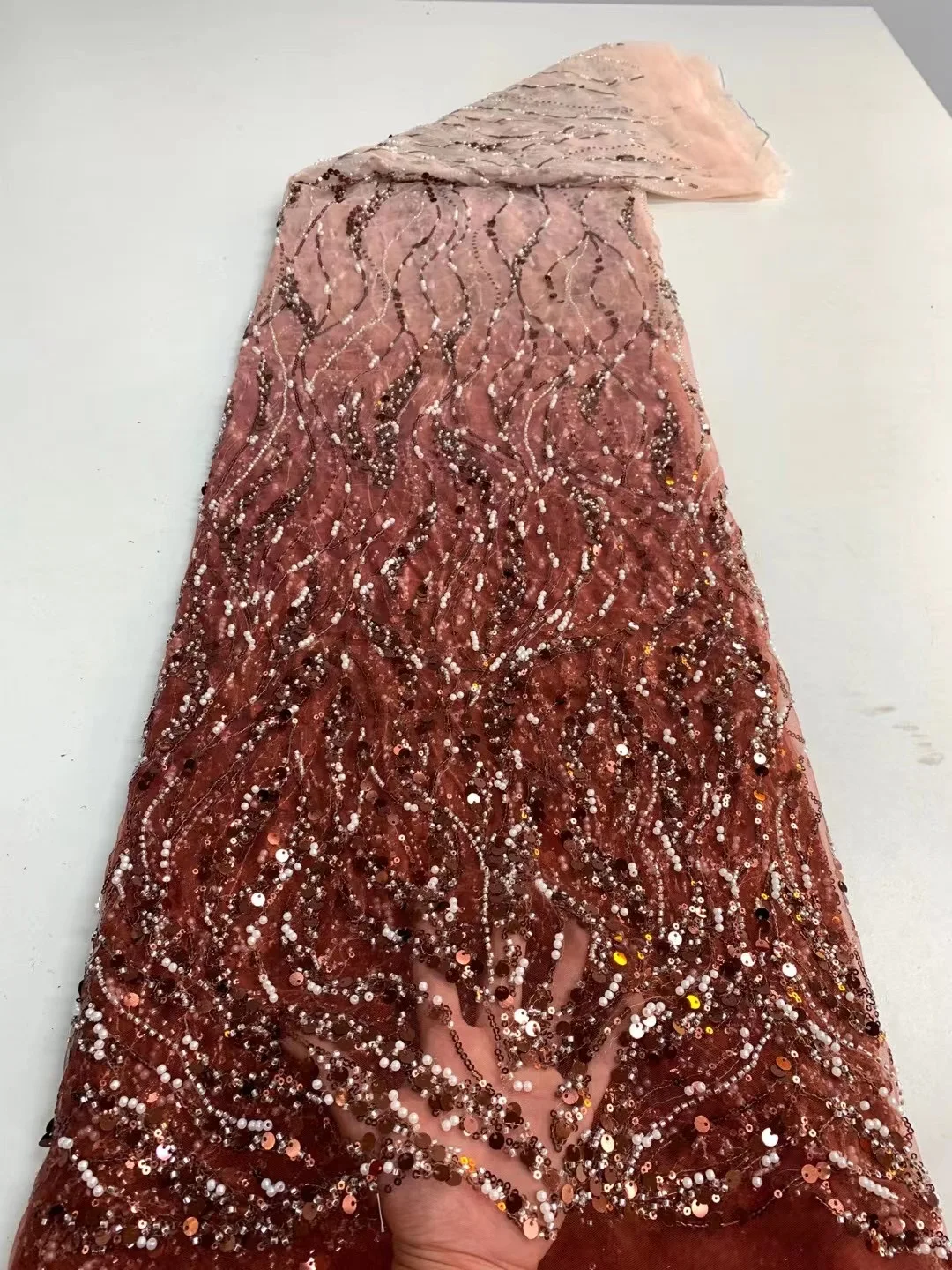 Latest Luxury Sequins Tulle Lace African Handmade Beaded Lace French 2022 High Quality Fabric Nigeria Bride Wedding Dress Sew