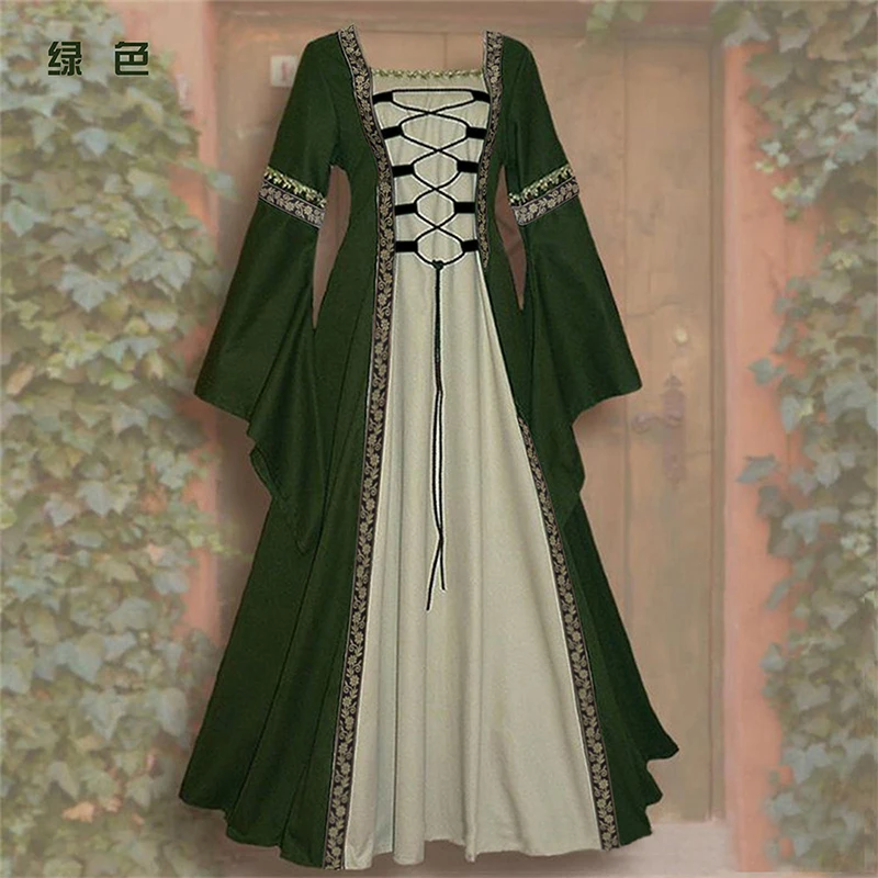 Halloween Women European Medieval Court Fancy Vampire Cosplay Costume Carnival Vintage Strapless Long Sleeve Queen Elegant Dress