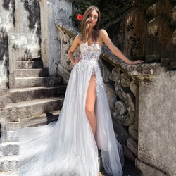 Princess A-Line Lace Appliques Beach Wedding Dress For Women Bohemian Side Slit Robe De MareFloor length Sweetheart Sleeveless