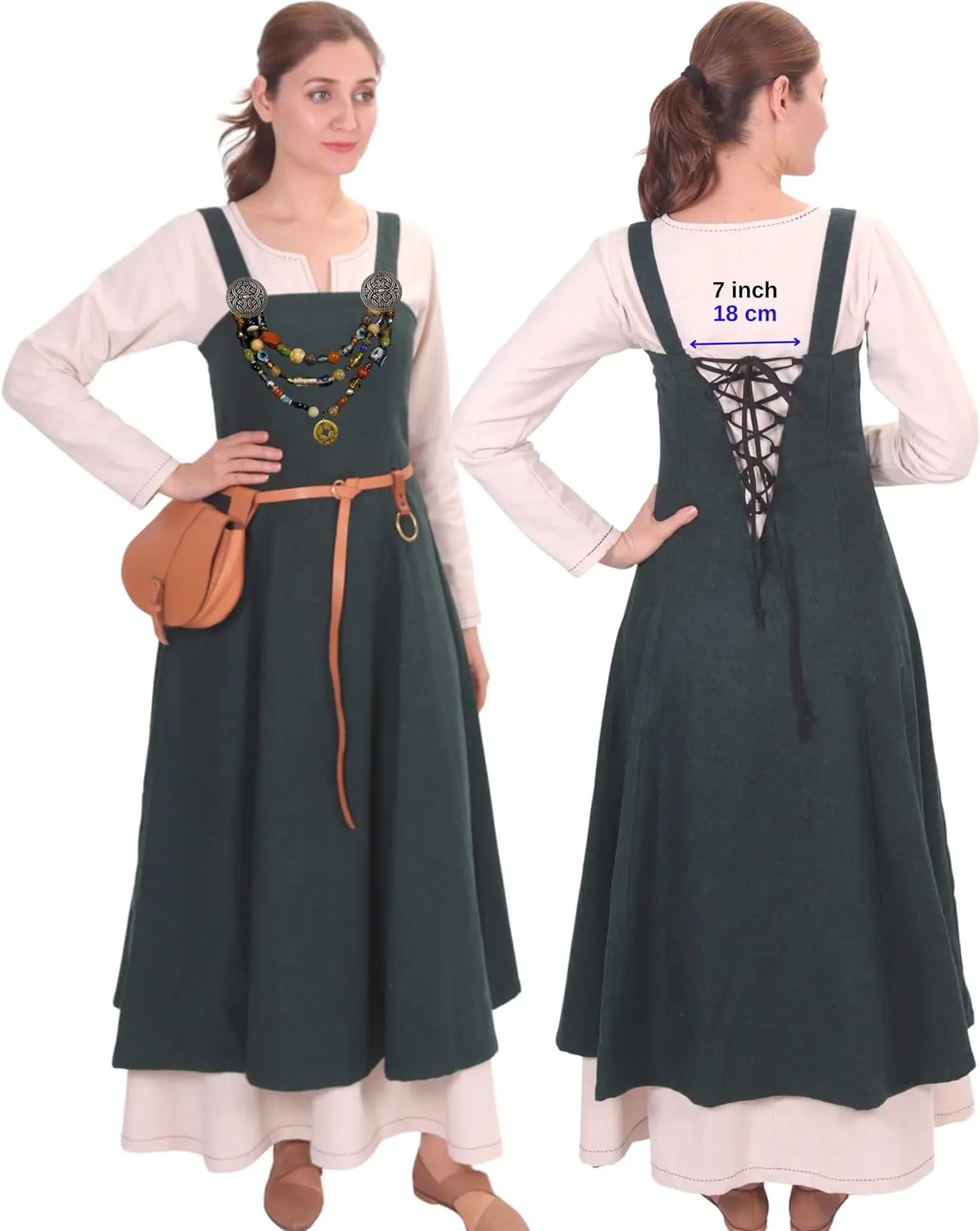 

Two Piece Set Medieval Viking Apron Overdress with Laced Medieval Classic Vintage Retro Vogue Flare Sleeve Tunic Dress Ladies