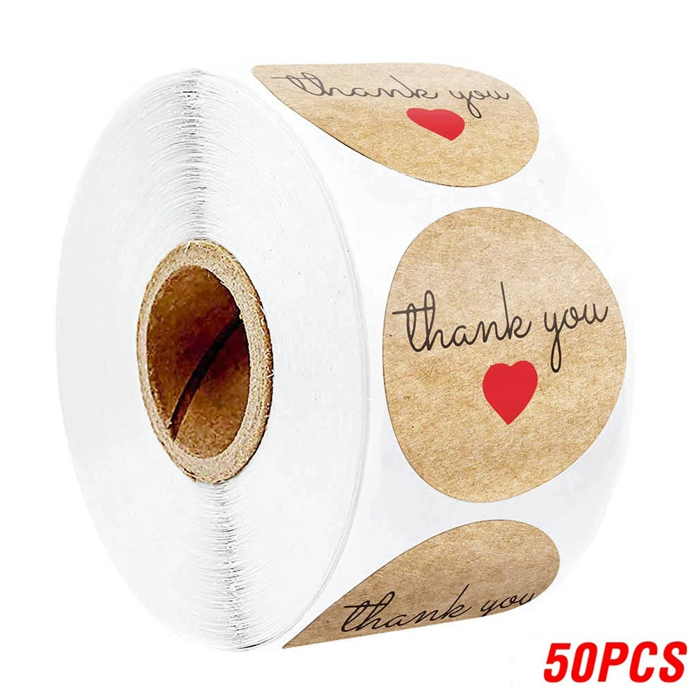 1in Natural Kraft thank you Stickers Heart shape seal labels 50-500pcs stickers scrapbooking for Package stationery sticker 