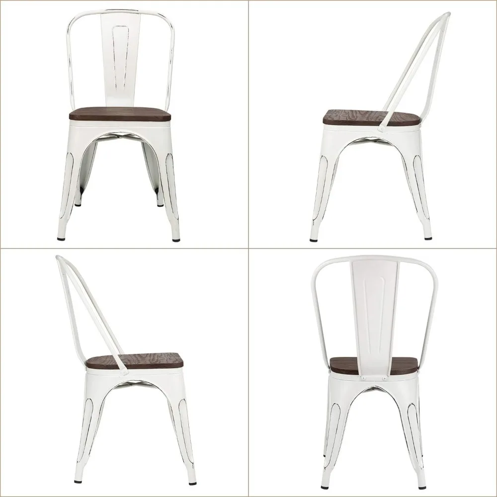 Metal Dining Chairs with Wood Seat, Indoor Outdoor Use Stackable Tolix Industrial Metal Chairs Set of 4 for Kitchen