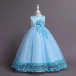 Elegant Long Flower Bridesmaid Dress for Girls - Children’s Wedding & Prom Gown (Light blue)