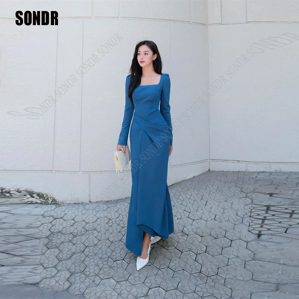 

SONDR Navy Blue Strapless Satin Evening Dresses Casual Full Sleeves Mermaid Formal Event Occasion Dress Ankle-Length Party Gown