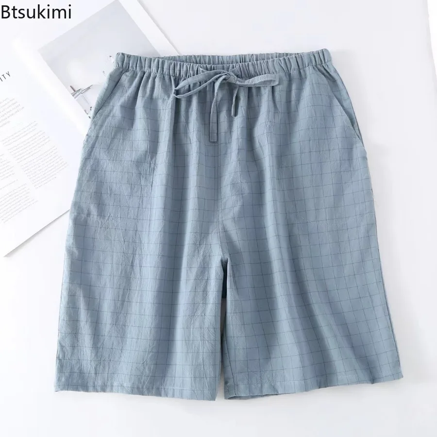 Mens Sleep Shorts Pajama Pants 2025 Men's Sleepwear Plaid Design Cotton Casual Loose Double-layer Home Bottoms