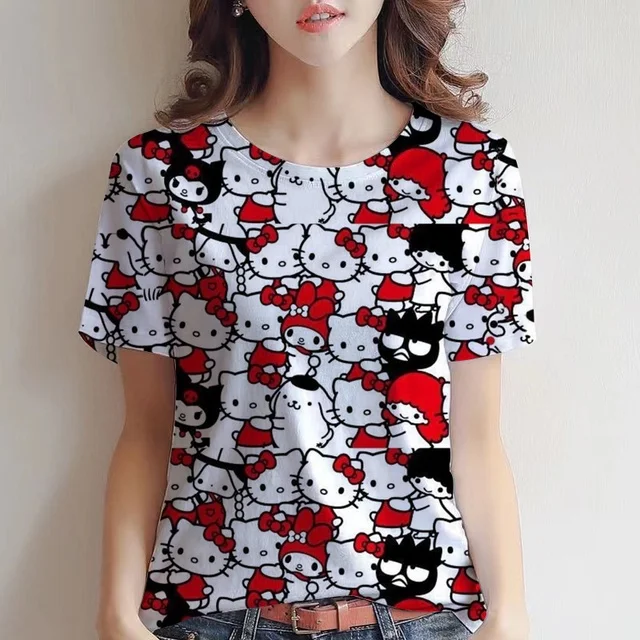 귀여운 KT 고양이 프린트 어린이 티셔츠, 데일리 캐주얼, 편안한 라운드넥, 패션 반팔, 신상