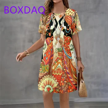 Retro African Style Print Women Dress New 2025 Summer Women Dress Streetwear Clothes Short Sleeve O-Neck Loose Casual Mini Dress 1