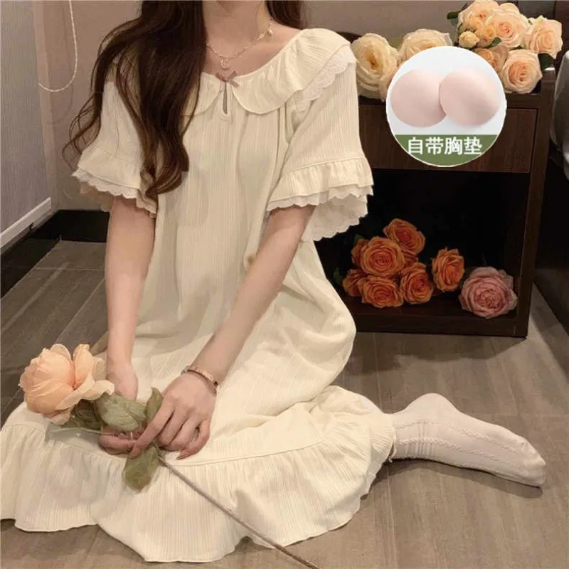 

Women's Summer Pajamas with Breast Pads Ruffled Lace Cute Lingeries for Woman Sweet Palace Style Girl's Nightgown Home Sleepwear