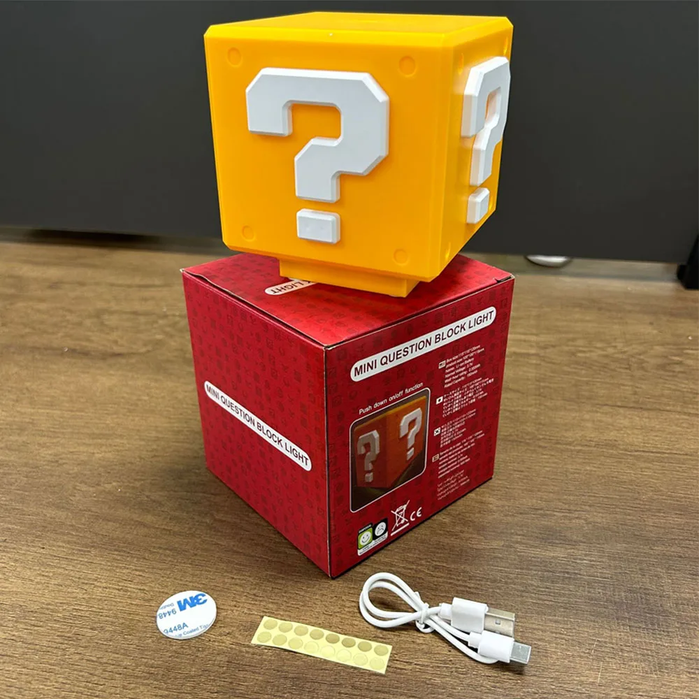 슈퍼 마리오 브라더스 피규어 LED 물음표 브릭 야간 조명, USB 충전 애니메이션 책상 램프, 조각상 장식 조명, 생일 선물