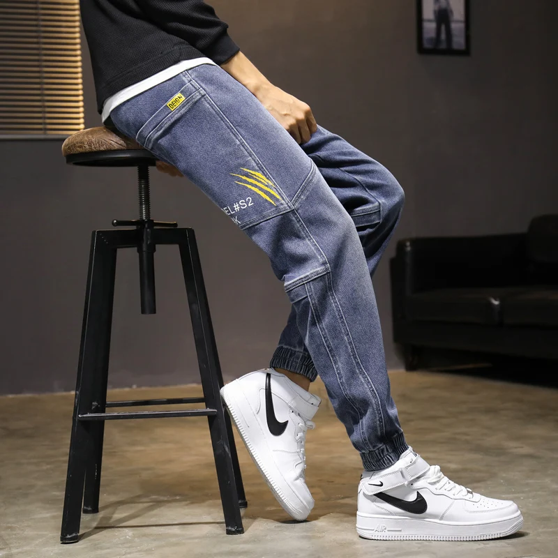 Men's Cotton Jeans Hip Hop Casual Elastic Waist Denim Pants Straight Jooger Streetwear Full Length Pants Oversize M-5XL Trousers