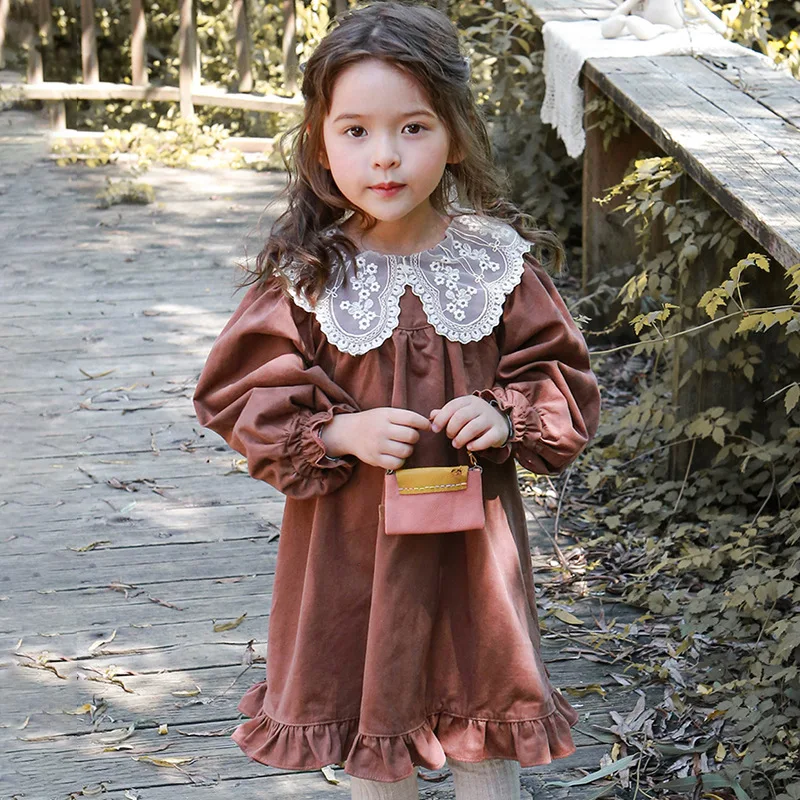 

Girls' Elegant Dresses 2023 Autumn Western Children's Fashionable Lace Collar Wood Ear Fishtail Skirt Simplicity Solid Color