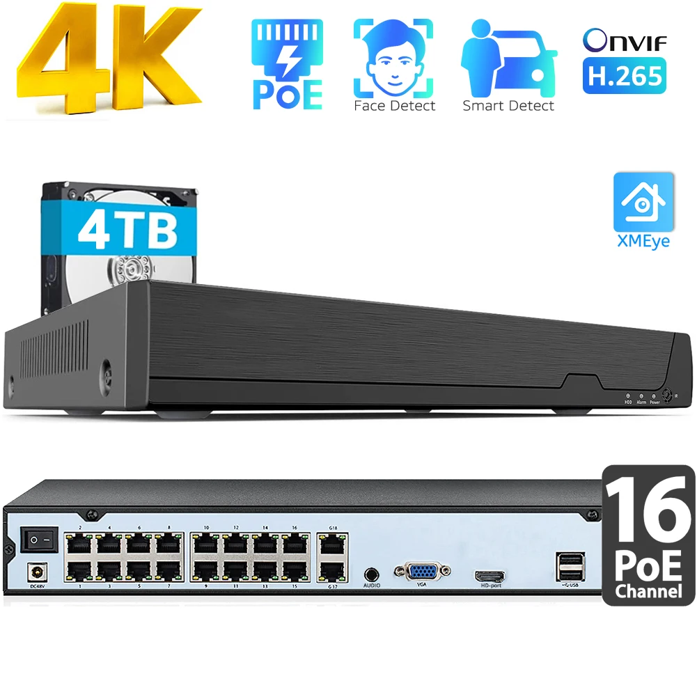 

16CH 4K POE NVR (8MP/6MP/5MP/4MP/3MP/1080P) POE Network Video Recorder, 16CH (16-Port PoE) NVR, Up to 16x 4K IP Cameras with HDD