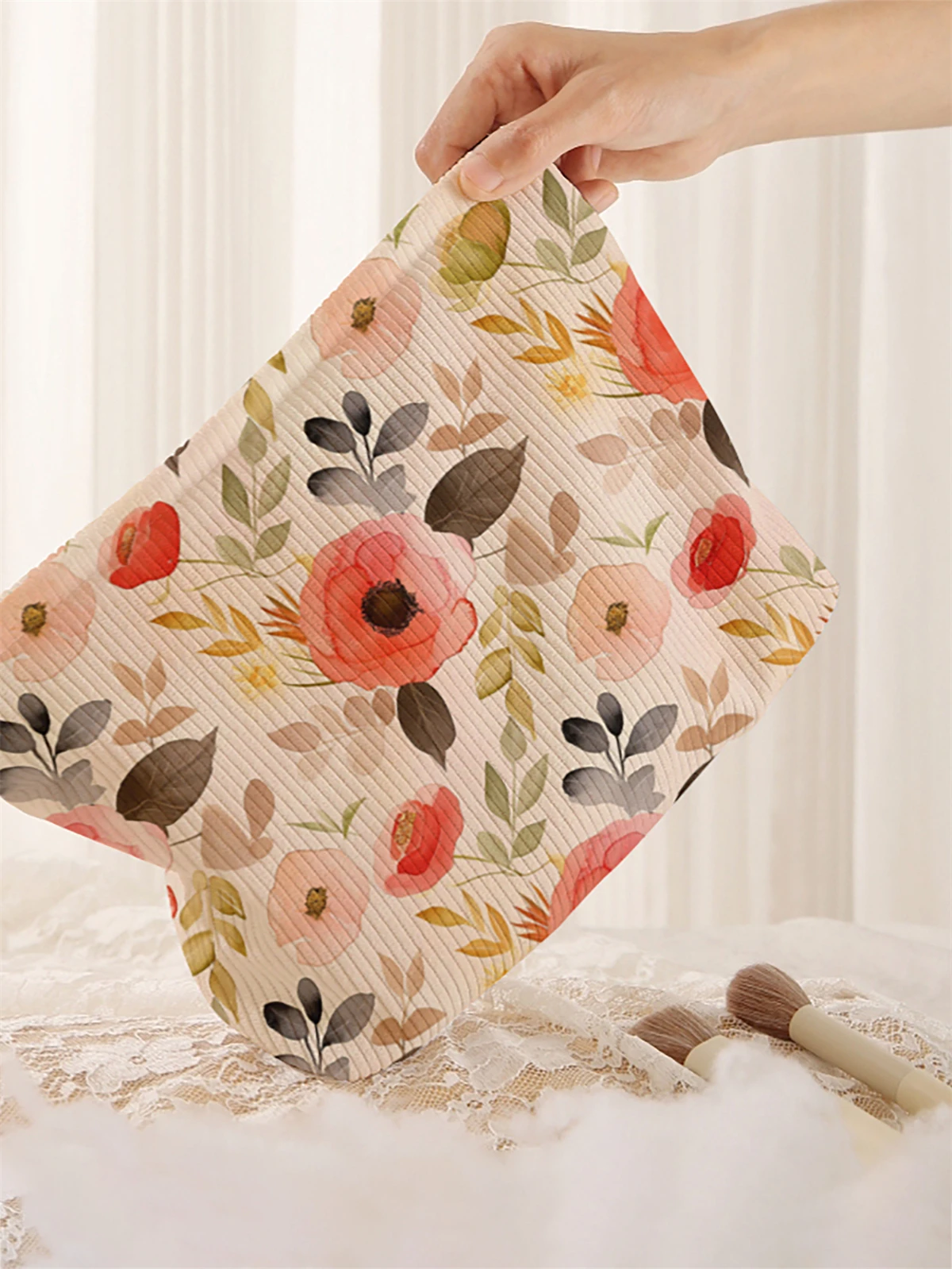 1 floral patterned corduroy makeup bag, lightweight zipper makeup storage box, multifunctional bag with lining