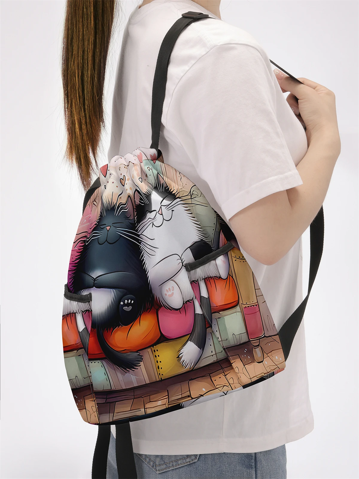 Cute Cat Printed Drawstring Backpack - Large Capacity Durable Fitness Bag, Adjustable Shoulder Straps, Sports Beach Backpack