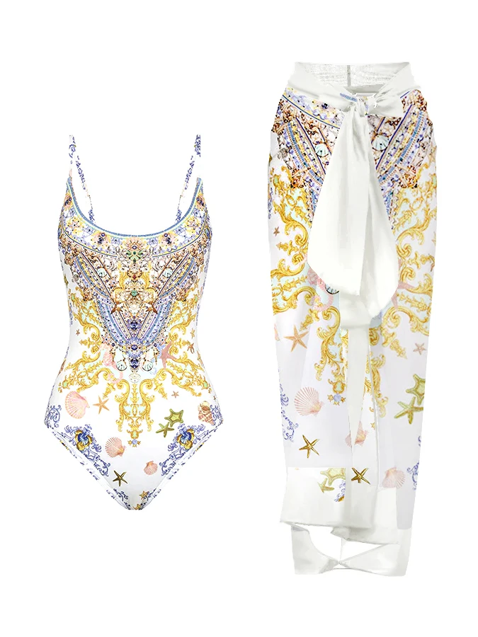 

Gold Printed Court Bathing Suit One-piece Tight U-neck Casual Elegant 2023 Summer Women's Bathing Suit And Long Strap Cover Up