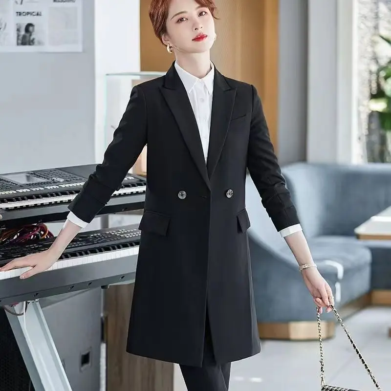 

Women Black Long Overcoat Spring Autumn Korean Office Lady Loose Solid Blazers 2023 Notched Suit Jacket Basic Workwear Female