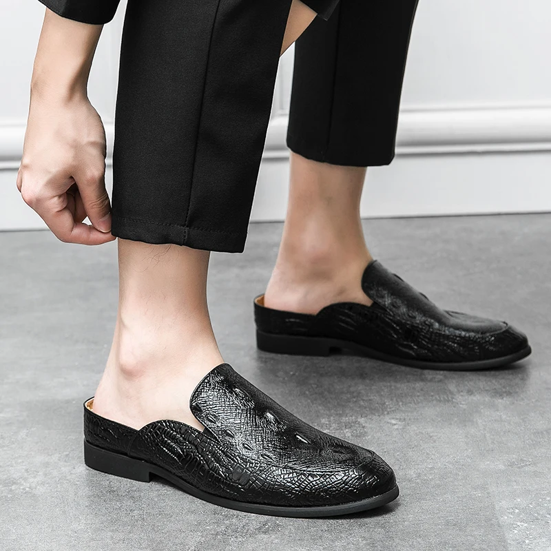 Elegant Men's Crocodile Print Half-Mule Dress Shoes Leather Loafers Perfect for Wedding Parties Daily Available in Black & Brown 6