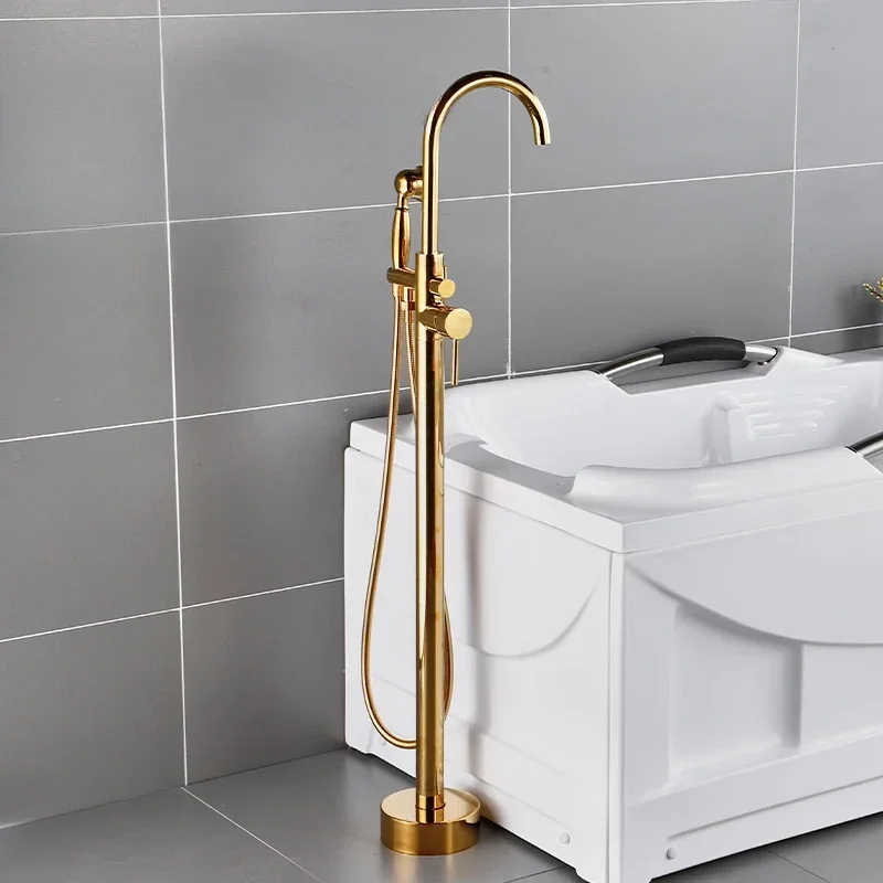 

Golden all-copper bathtub faucet, floor-standing hot and cold barrel, column basin, independent shower, shower, side stand