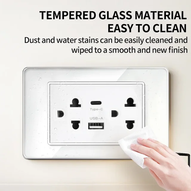 T&I Elegant 118 เต้ารับสวิตช์ผนัง มาตรฐานสหรัฐฯ เครื่องชาร์จ USB พร้อม Type-C การออกแบบแผงกระจก 3
