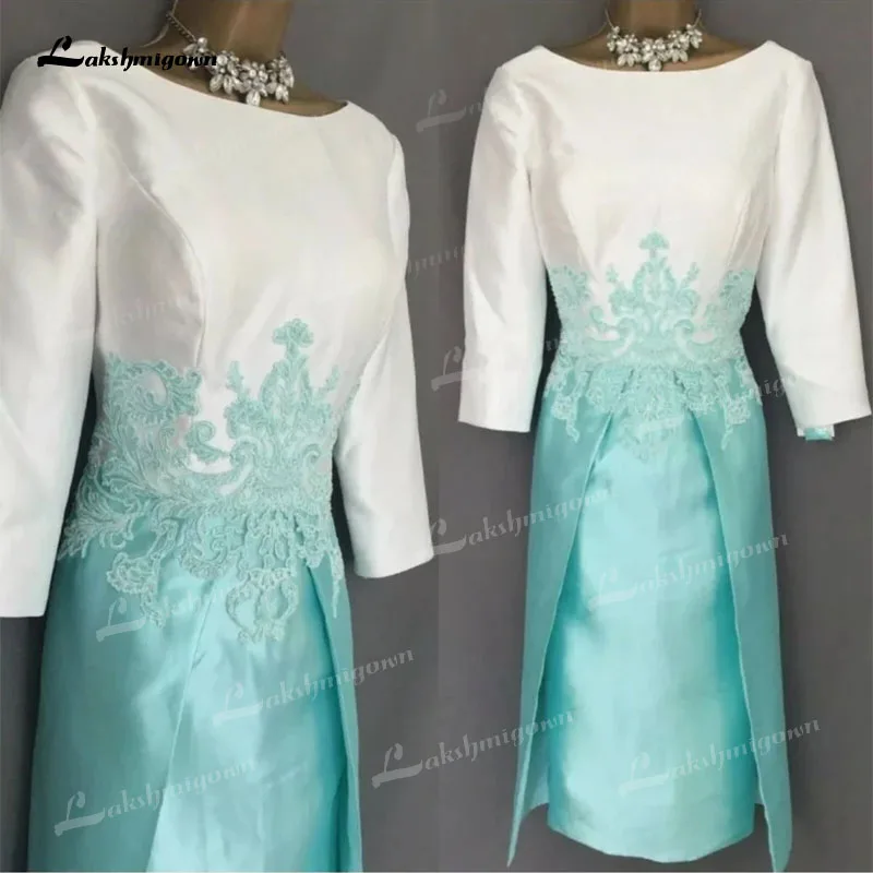 

Elegant Mother of the Bride Dress Lace Appliques Scoop Backless Satin 3/4 Sleeves Civil Women Formal Dresses for Weddings 2023