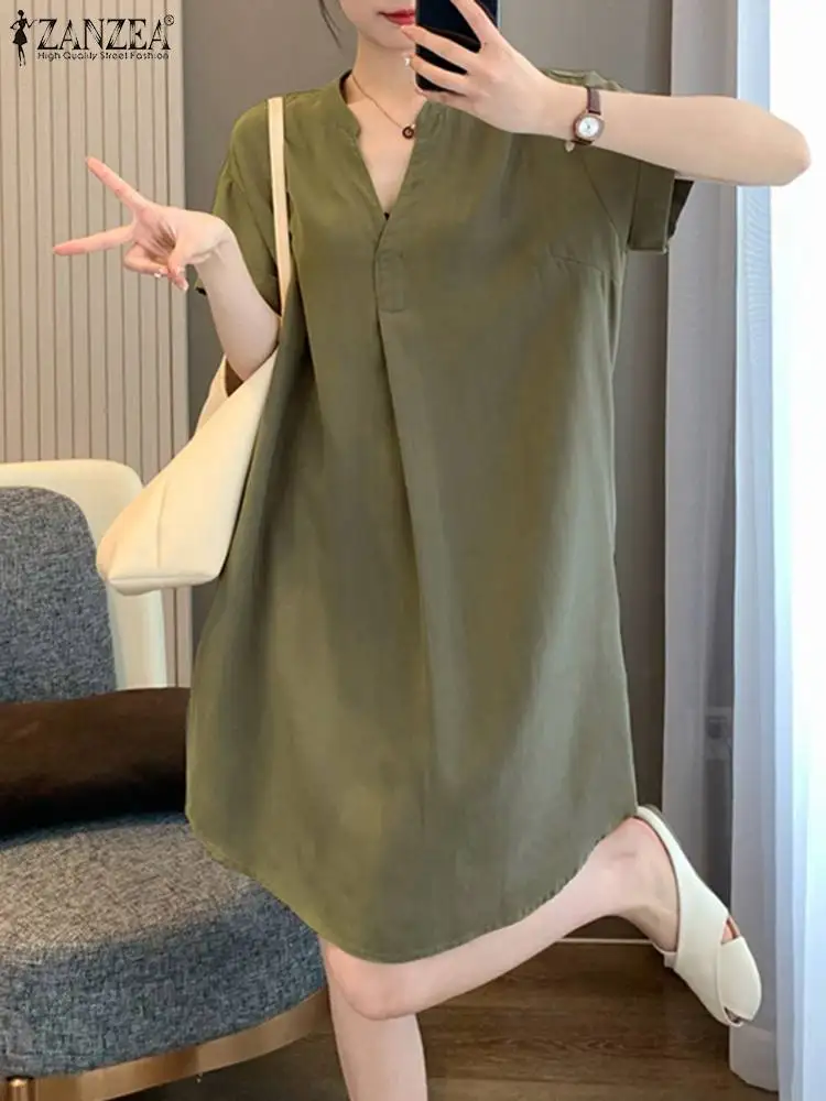 

ZANZEA 2023 Summer Sundress Fashion Women Solid Mini Dress Vintage V-neck Short Vestidos Holiday Casual Loose Short Sleeve Robe