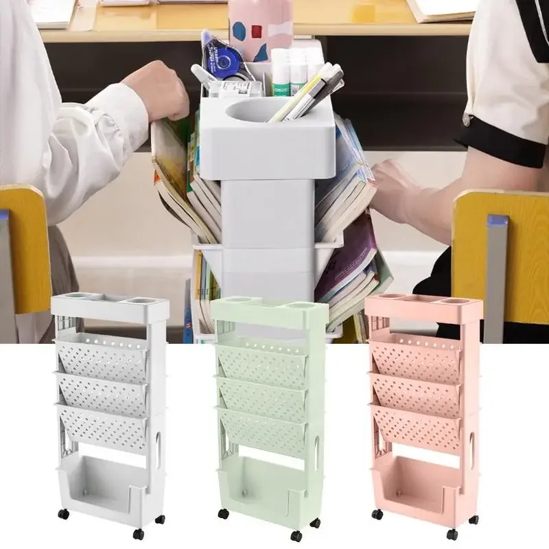 

5 Layers Large Capacity Space Saving Book Organizer Portable Rack With Wheels For Study Movable Bookshelf Cart Rotatable Shelf