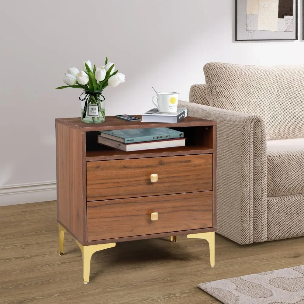 Nightstands Set of 2 with Wireless Charging Function, Wood Night Stands 2 Sets with Drawers and Open Shelf Storage