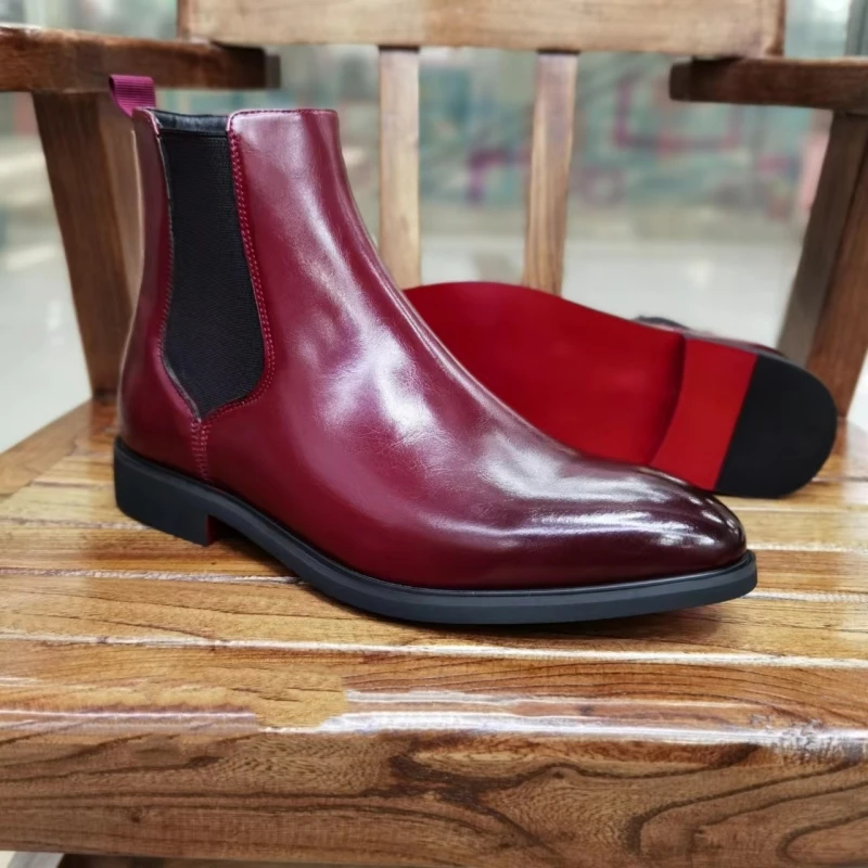 New Red Chelsea Boots for Men Business Square Toe Slip-On Men Short Boots Botas De Hombre
