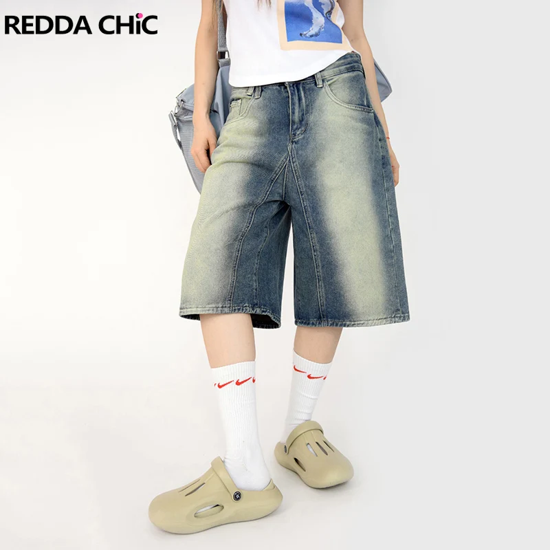 

REDDACHiC Blue Retro Women Baggy Jorts Wide Leg Knee-long Denim Shorts Summer High Waist Loose Casual Y2k Pants Fifth Trousers