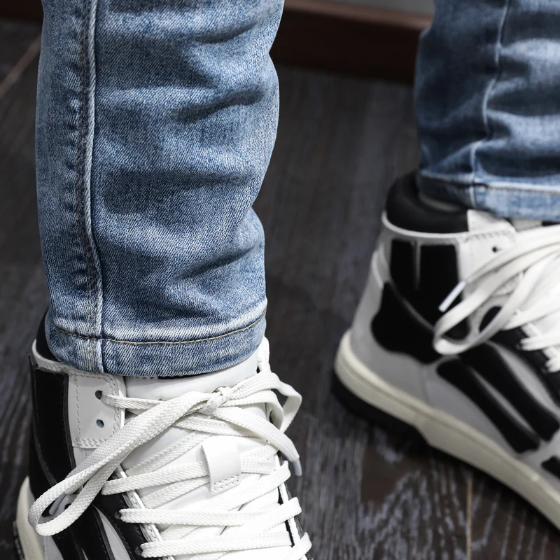 High Street Fashion Men Jeans Retro Light Blue Spliced Designer Biker Jeans Homme Elastic Stretch Slim Fit Hip Hop Pants Men