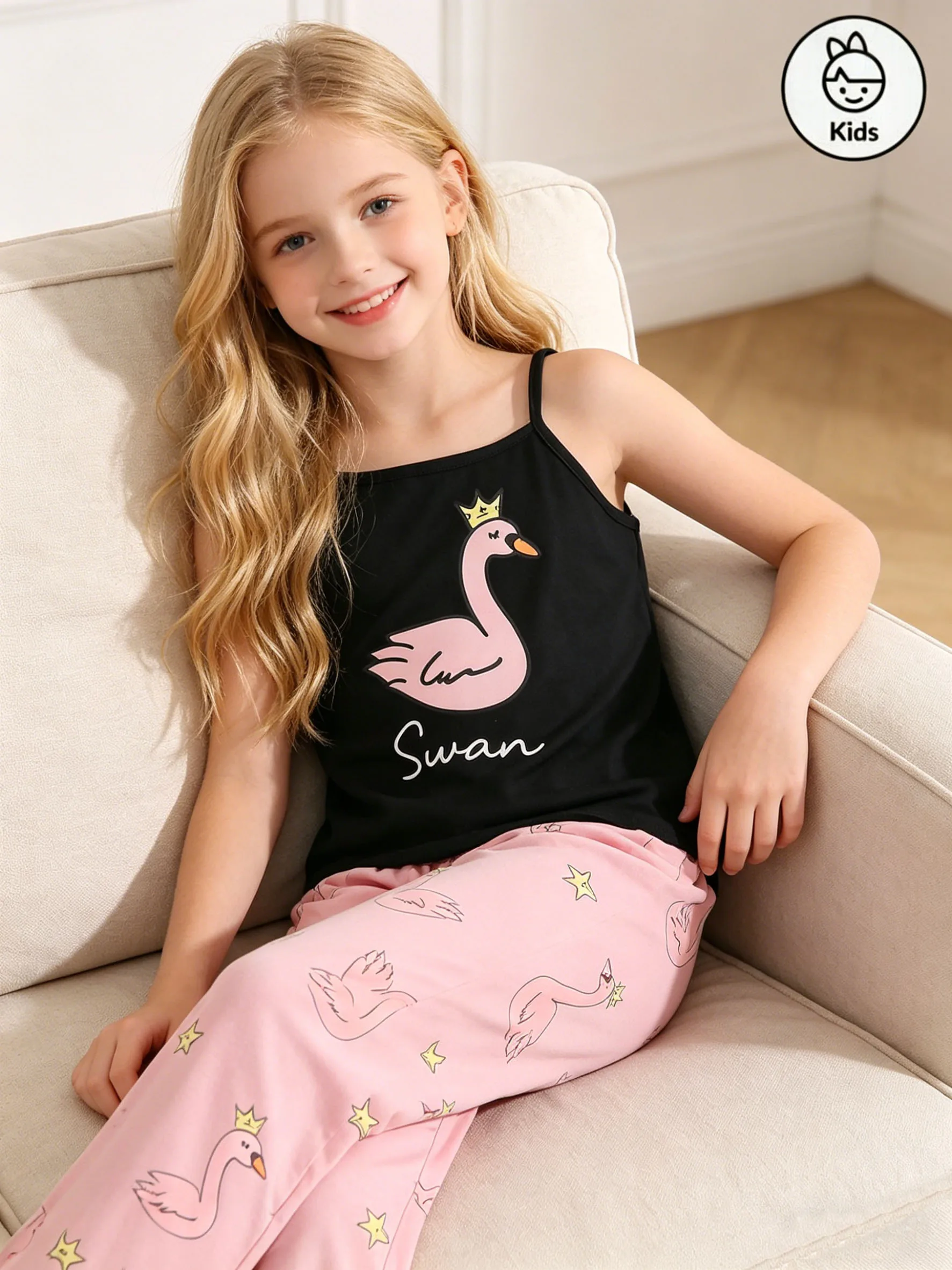 여아 여름 패션 홈웨어, 여아 야외 캐주얼 레터 스완 패턴 탑 베스트 팬츠 세트