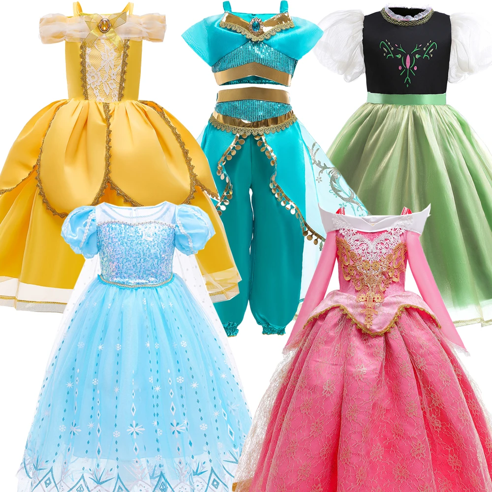 

Disney Princess Dress For Girls Cosplay Bell Snow Queen Elsa Aurora Encanto Jasmine Costume Halloween Clothes Birthday Party Kid